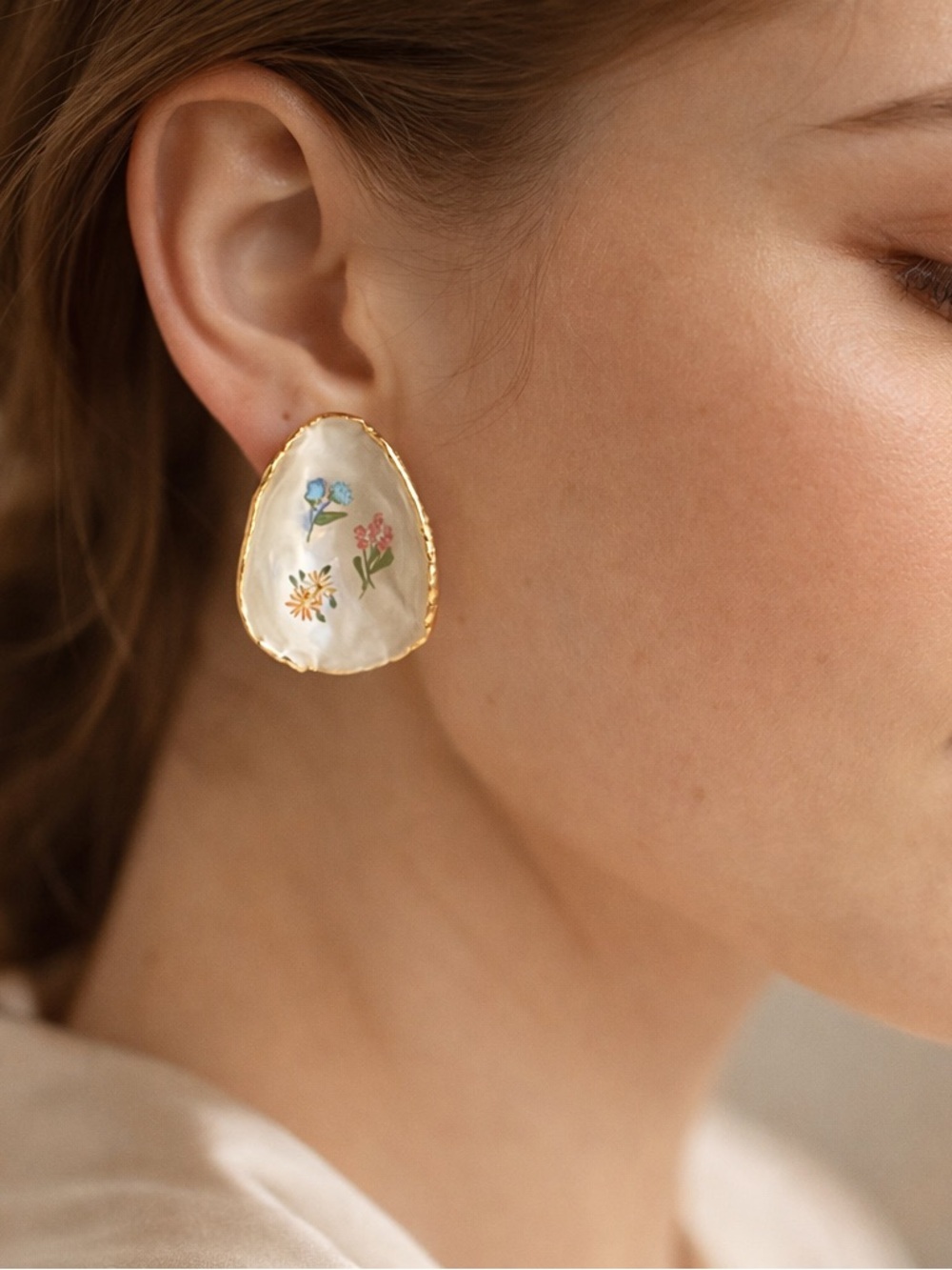 Hand-Painted Floral Mother-of-Pearl Gold Edge Earrings - Picture 6 of 10